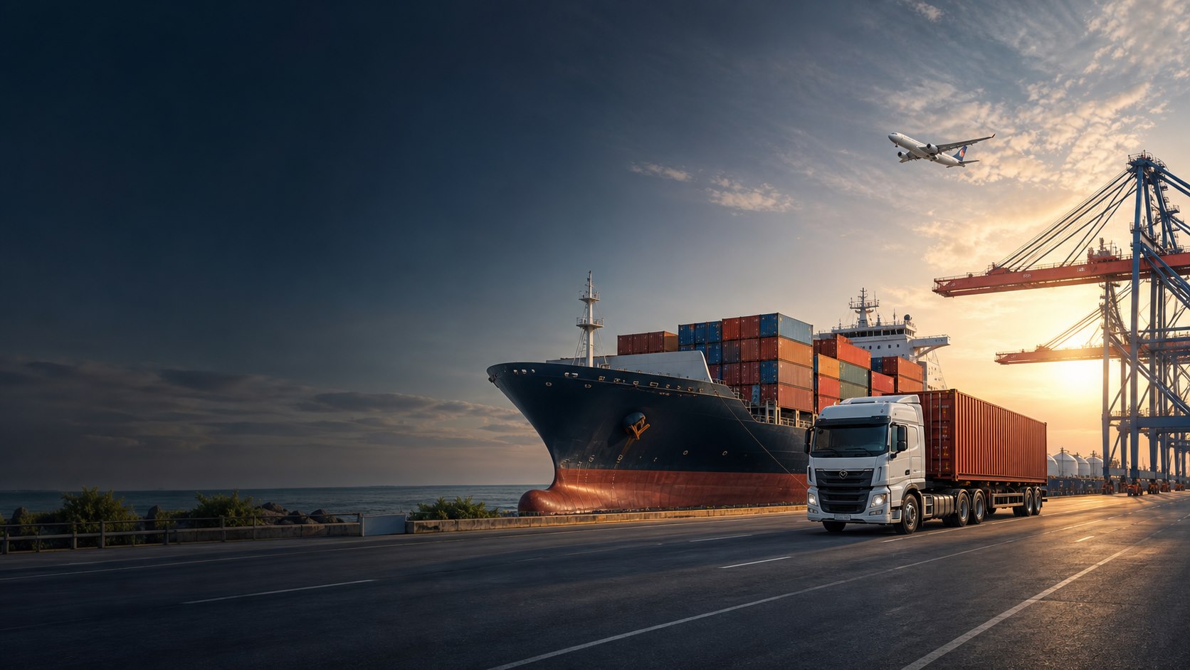 Porto comercial com navio de carga, camião e avião